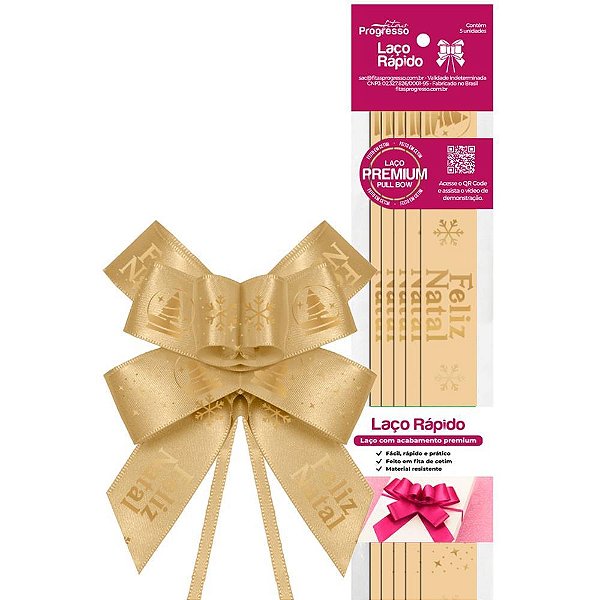 Laço Pronto Decorado 22MM X 44CM Cetim Feliz Natal Ouro (pacote com 5)