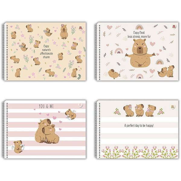Caderno de Desenho Universitário Capycuties 60 Folhas Capa Dura Pacote com 5