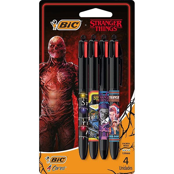 Caneta Esferográfica 4 Cores Stranger THINGS Temporada 1 a 4 BIC Blister C/4