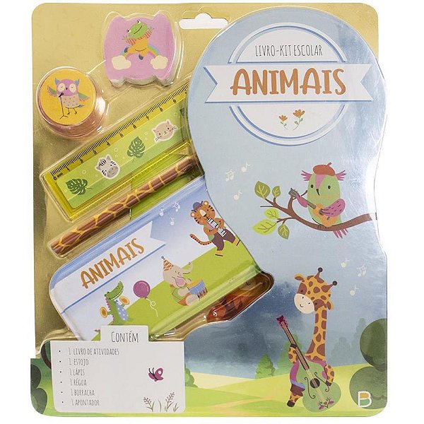 Kit Escolar Animais Livro com 5 Peças Educativas