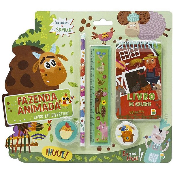 Kit Escolar Fazenda Animada Livro com 4 Peças Educativas