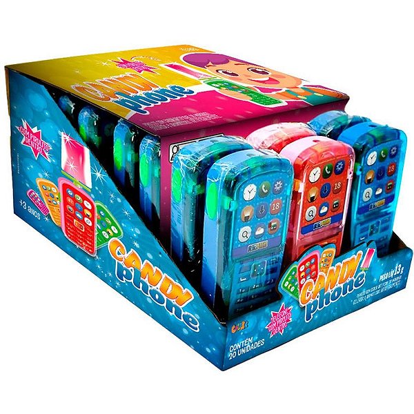 Doce CANDY Phone + Pirulito Sabor Morango Sortido Display com 20 Unidades