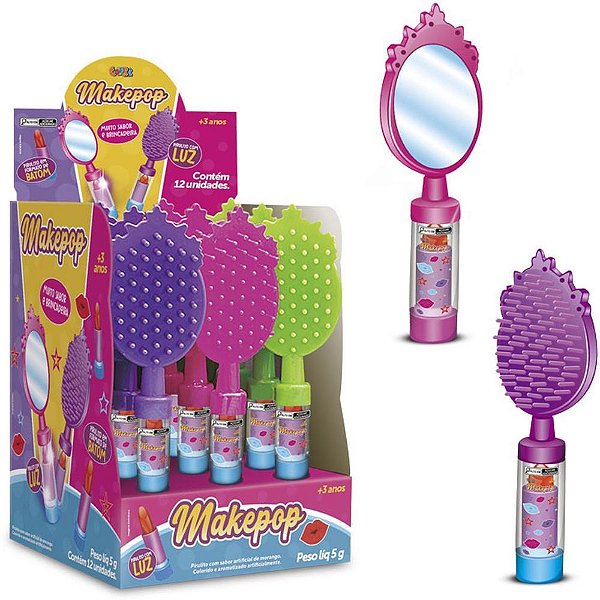 Doce Makepop Pirulito Formato Batom Sabor Morango Display com 12 Unidades