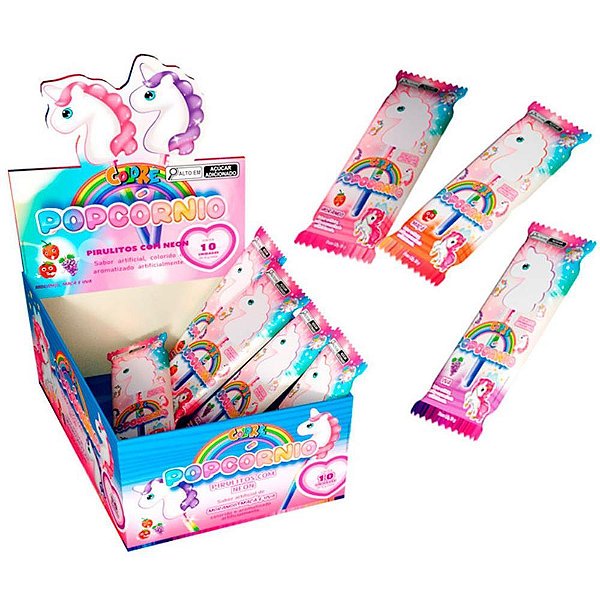 Doce Popcornio Pirulito com Neon Sortido Display com 30 Unidades