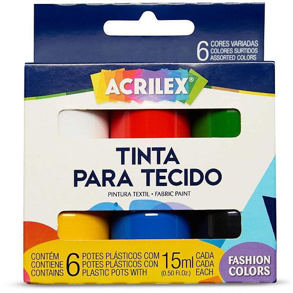 Tinta para Tecido Fashion Colors 15ML com 6 Cores Sortidas – Caixa com 3 Estojos