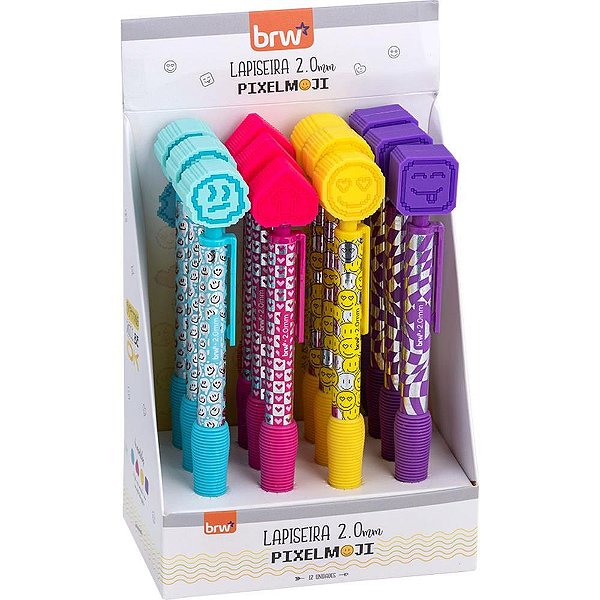 Lapiseira 2.0MM Divert Emojis Plástica BRW com Ponteira de Silicone Display com 12 Unidades