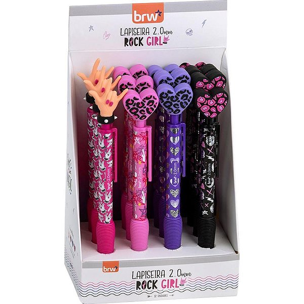 Lapiseira 2.0MM Divert ROCK GIRL Plástica BRW com Ponteira de Silicone Display com 12 Unidades