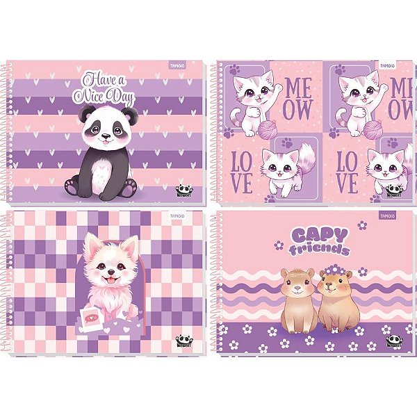 Caderno Desenho UNIV Capa Dura Kawaii 48 Folhas Pacote com 04