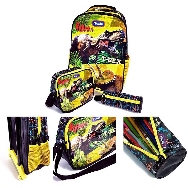 Mochila Infantil com Rodinha Dinossauro T-REX G Estojo+lanc KIT