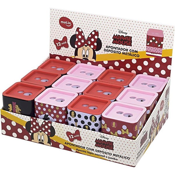 Apontador com Depósito 2 Furos Minnie Quadrado Metálico 4MOD Display com 12