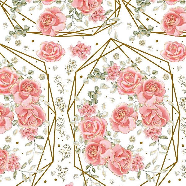 Papel Presente Bobina Couchê 60CM. MOD.206 Rosas Ouro Hexag BO-100MTS