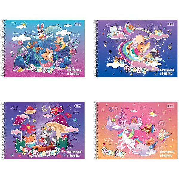 Caderno Desenho Universitário Capa Dura Spice KIDS Feminino 80 Folhas Espiral Pacote com 04