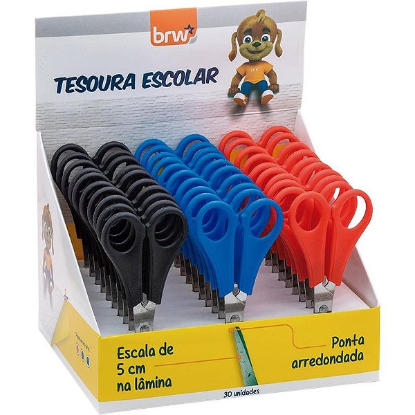 Tesoura Escolar AÇO 13CM com Régua 3 Cores Display com 30