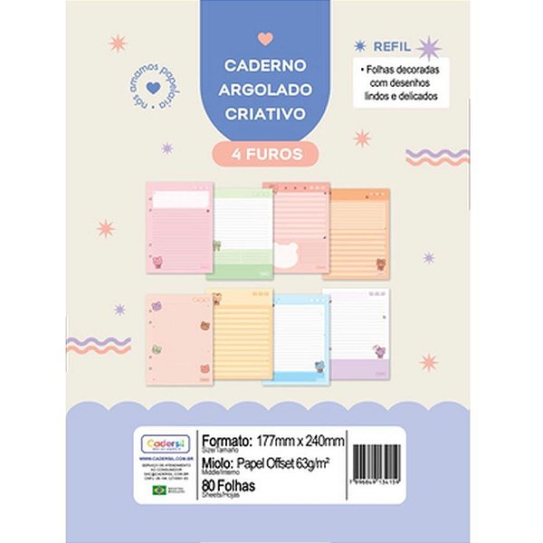 Refil para Caderno LOVVY para Argolado 63G.80 Folhas