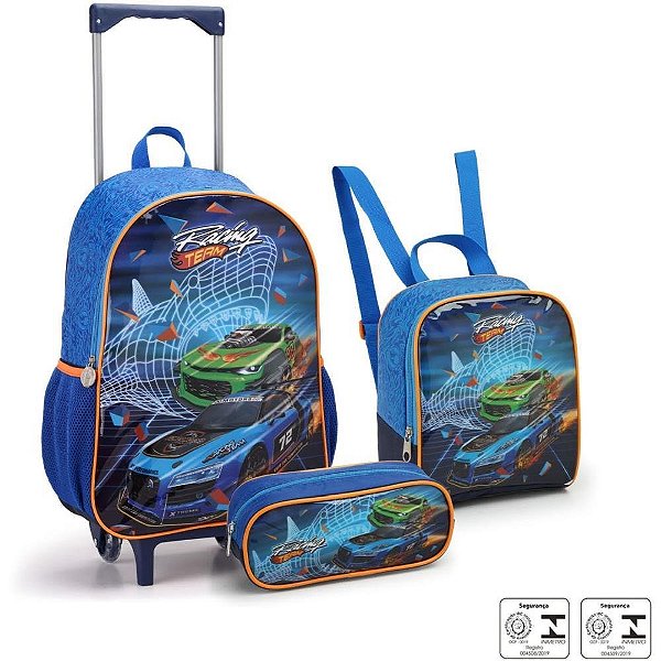 Mochila Infantil com Rodinha Racing Lancheira+estojo KIT