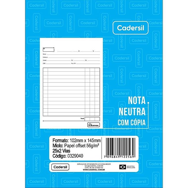 Impresso Talão Nota Neutra 1/32 25X2 102X145 Pacote com 10