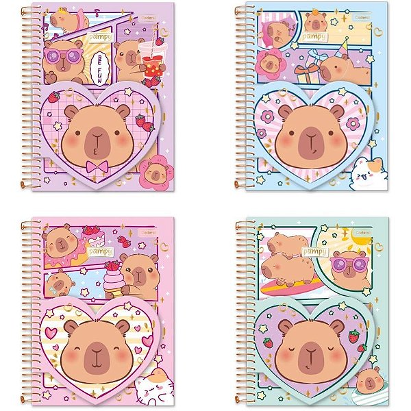 Caderno 01X1 Capa Dura Colegial PAMPY com Bloco Coração 80 Folhas Sortidos