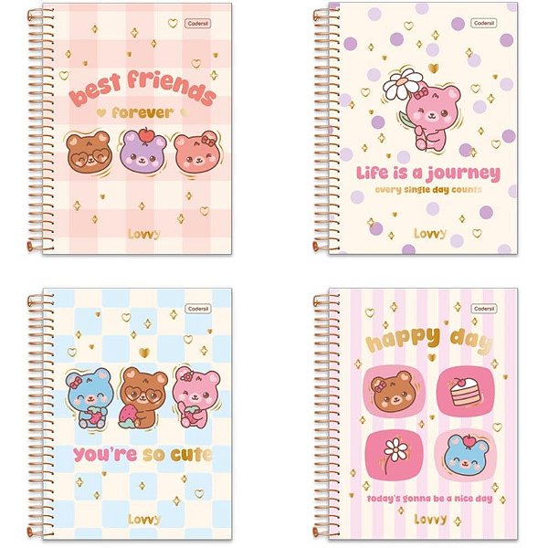 Caderno 01X1 Capa Dura Colegial LOVVY com PIN Colecion. 80 Folhas Sortidos