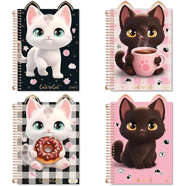 Caderno 01X1 Capa Dura Colegial Cute CAT 3D Capa Cartão 80F Sortidos