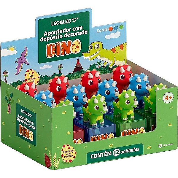 Apontador com Depósito Dino Aplique 3D 3 Modelos Display com 12
