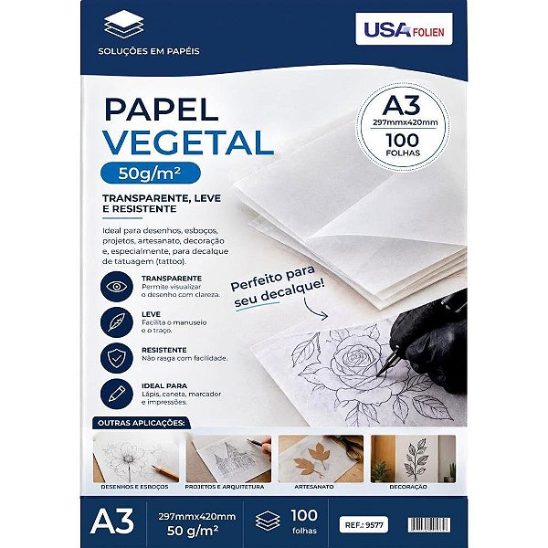 Papel Vegetal ARTÍSTICO/TATTOO 50G.A3 100 Folhas Pacote com 100 Unidades