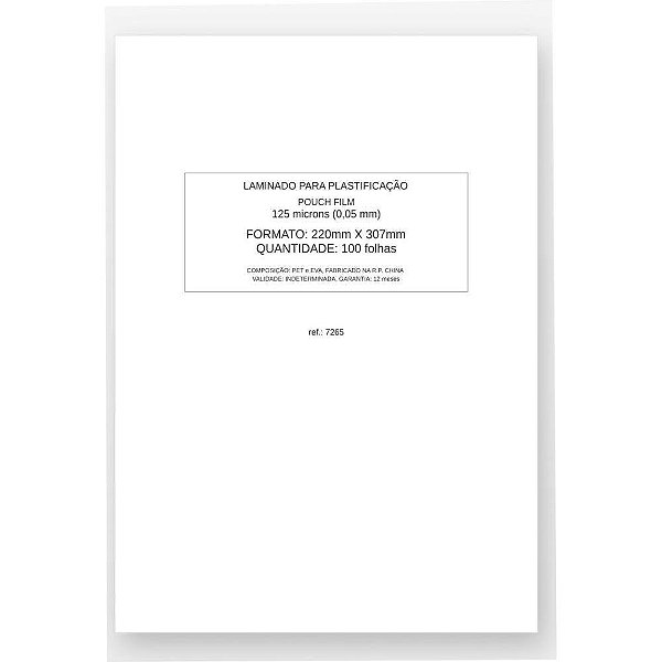 Plástico para Plastificação 220X307MM 125MIC. 0,05 Pacote com 100 Unidades