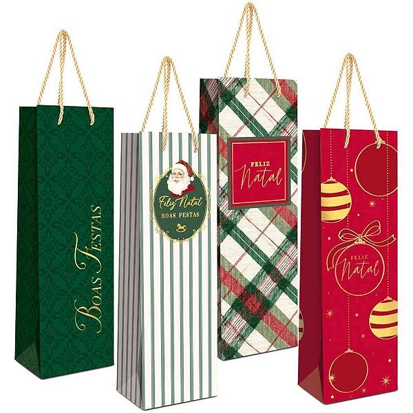 Embalagem para Garrafa Sacola Premium Desejos Natal (sortido) Pacote com 10 Unidades