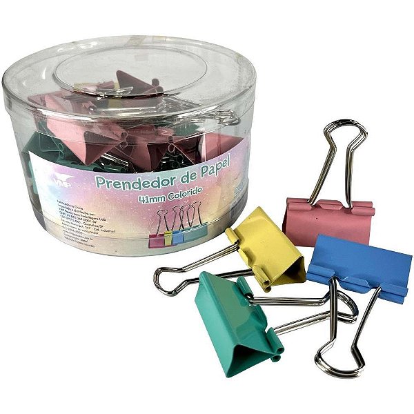 Prendedor de Papel 41MM Colorido Pote com 24 Unidades