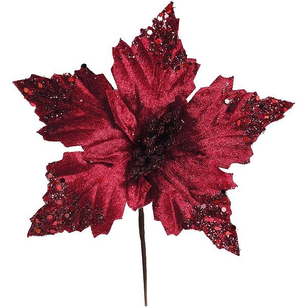 Artigo para Decoração Natal FLOR Poinsetia Vinho Glitter Pacote com 12 Unidades