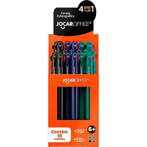 Caneta Esferográfica Jocar 4EM1 Retrátil 1.0MM 4 Cores Display com 18