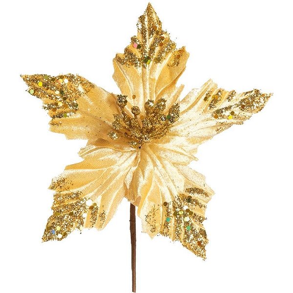 Artigo para Decoração Natal Enfeite FLOR Poinsetia Ouro Pacote com 24