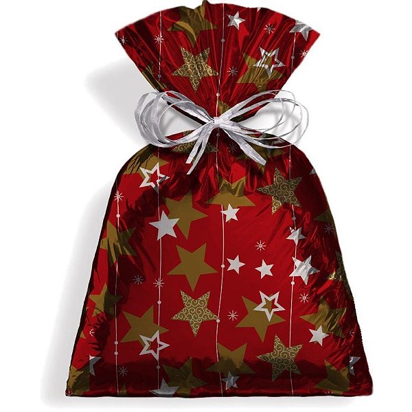 Saco Metalizado de Natal 25X35CM STARS Vermelho Pacote com 50