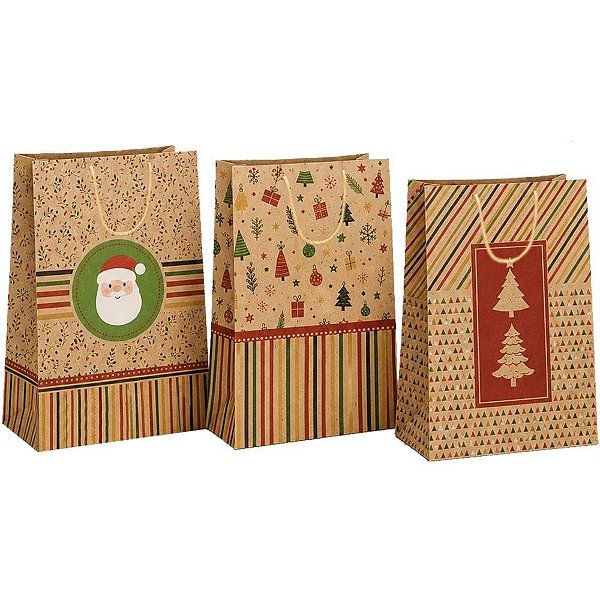 Sacola para Presente Natal KRAFT 21X27X10CM Sortidos Pacote com 12