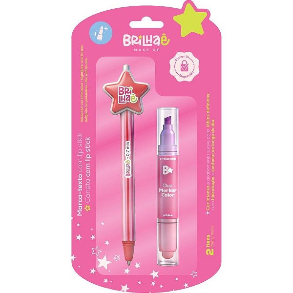 Caneta Marca Texto Brilhae + Caneta com Lipstick Blister com 02