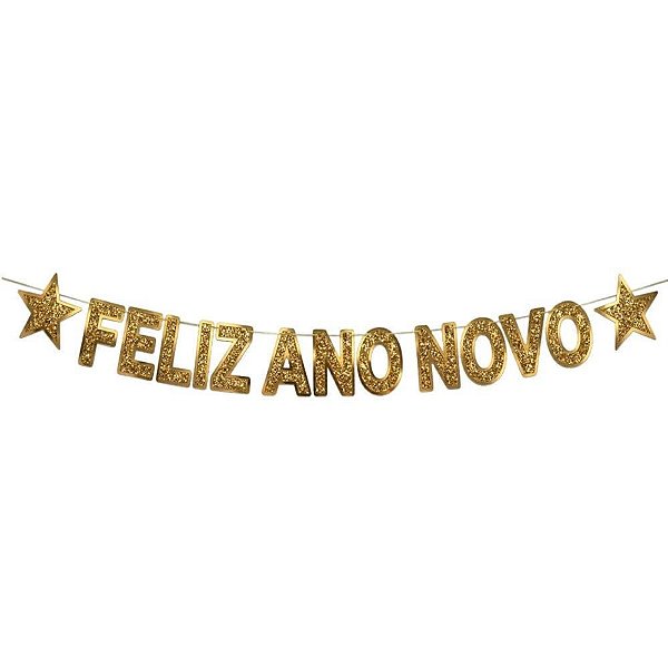 Faixa Decorativa Feliz ANO Novo Glitter Ouro