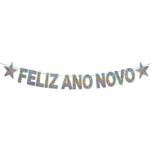 Faixa Decorativa Feliz ANO Novo Glitter Prata
