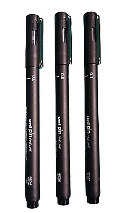 Kit com 3 canetas Uni Pin fine line  01, 05 e 08
