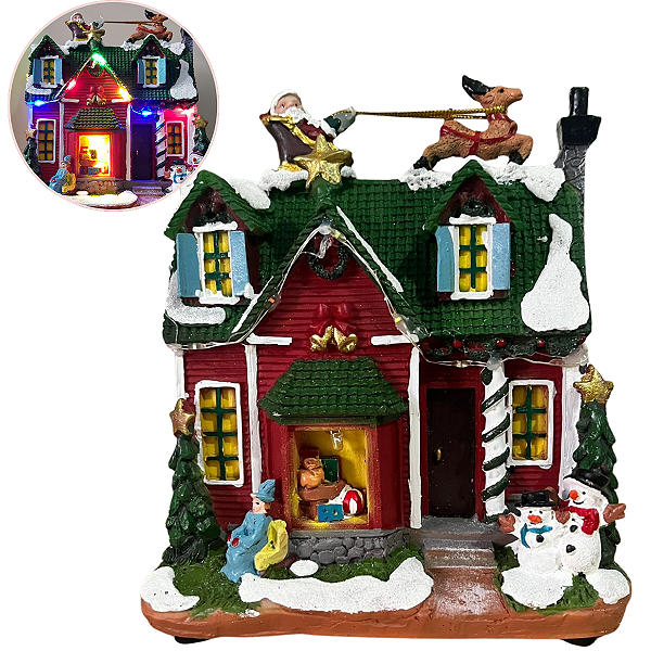 Vila Natalina Papai Noel no Telhado Cenário com LED 16cm