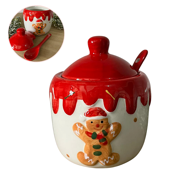 Açucareiro Natalino Gingerbread com Tampa e Colher
