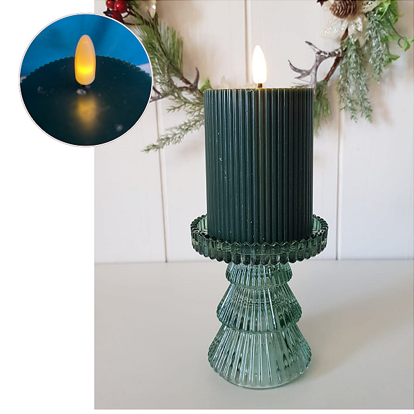 Kit Vela de Parafina com LED Decorativa Verde com Castiçal de Vidro Natal