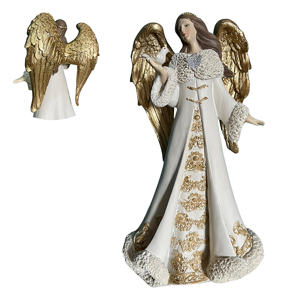 Anjo Decorativo Branco e Dourado com Pomba – Natal Luxo 24cm