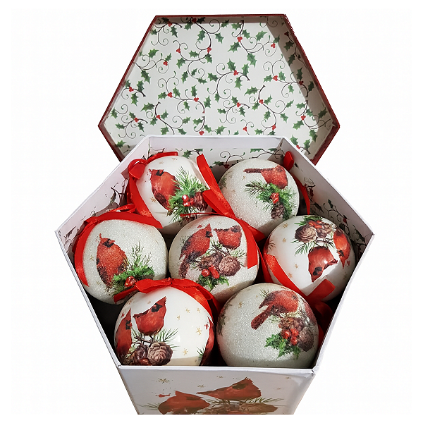 Kit 14 Bolas Natalinas Premium Cardeal na Caixa Decorada 8cm