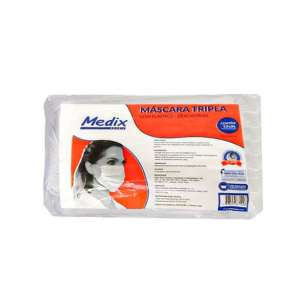 Máscara Descartável Tripla Pacote C/ 50 Elástico Branca - MEDIX