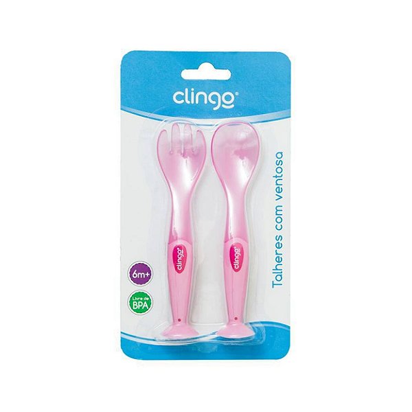 Kit Talheres Rosa Clingo Sticker com Ventosa Infantil – Colher e Garfinho a Partir de 6 Meses
