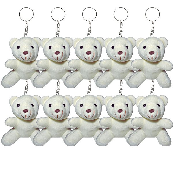 Kit 10 Chaveiros Ursinho de Pelúcia Creme 9cm – Fofinhos, Macios, Ideais para Presentear