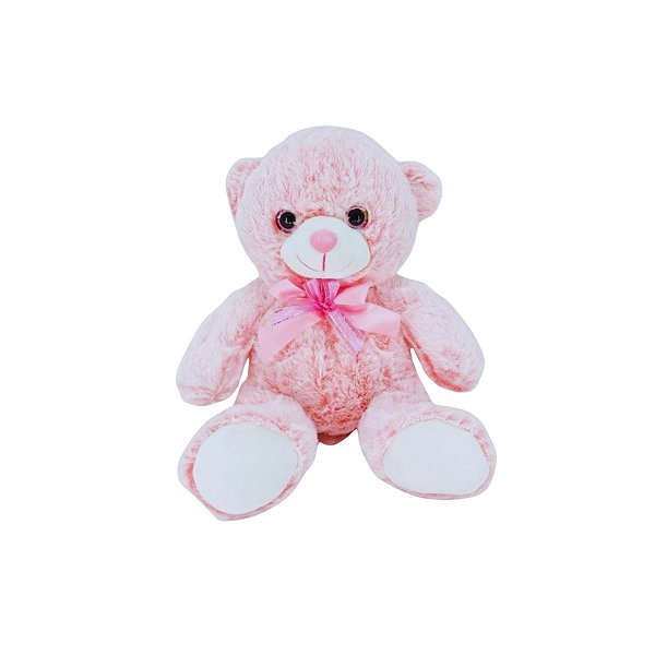 Ursinho de Pelúcia Rosa Bebê Fizzy Toys com Laço Fofo e Olhos Rosa – 27cm Sentado