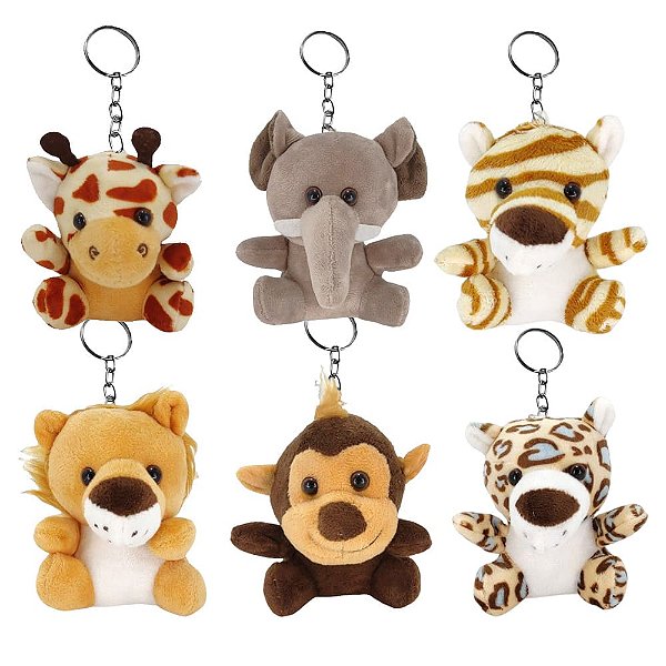 Kit 6 Chaveiros Animais Safari de Pelúcia 10cm com Corrente