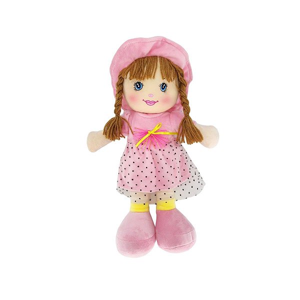 Boneca de Pelúcia Mia 39cm Fofy Toys com Vestido de Renda e Chapéu Rosa