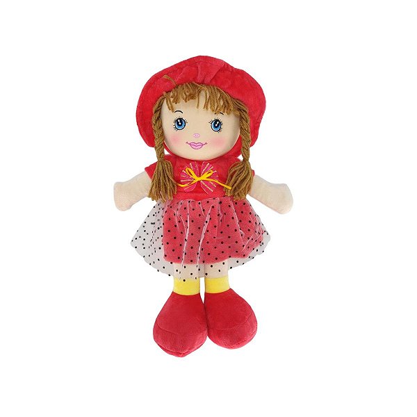 Boneca de Pelúcia Luna 39cm Fofy Toys com Vestido de Renda e Chapéu Vermelho