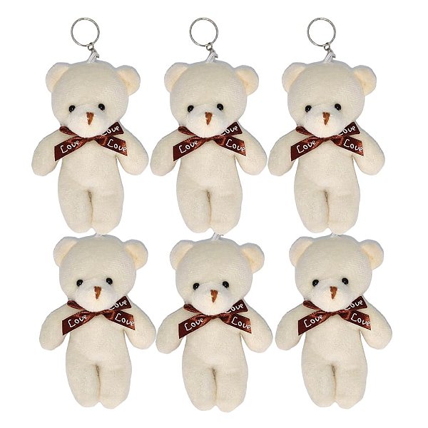 6 Chaveiros Ursinho de Pelúcia Macio, Fofo e Ideal para Chaves, Bolsas, Mochilas, Malas e Estojos